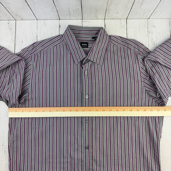 Hugo Boss Purple/Grey Striped Cotton Regular Fit Button Down Shirt Size Large - Picture 13 of 15